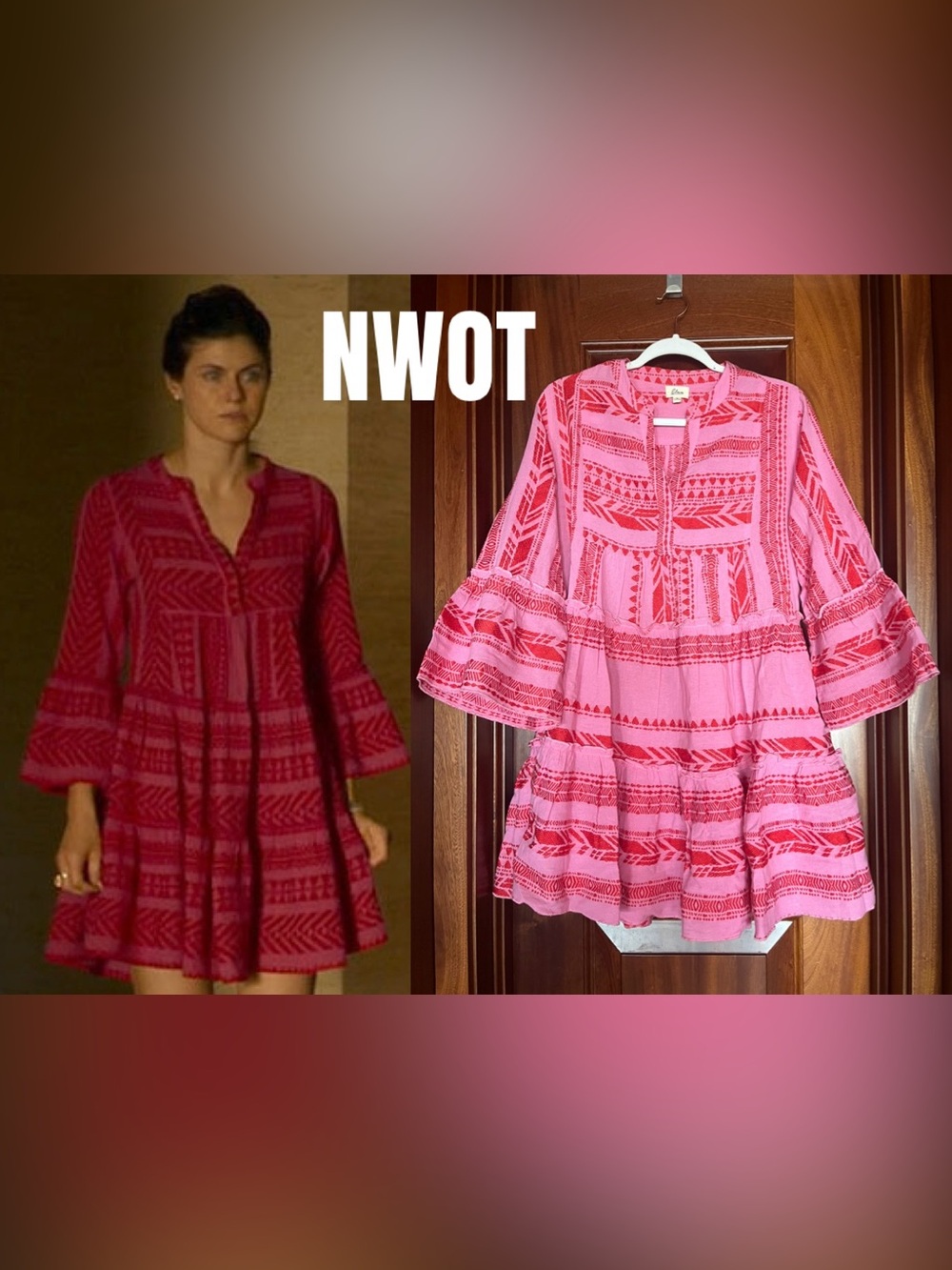 ELAN Embroidered Charlie Erika Ella Tunic Dress Hot Pink & Red (Devotion Twins)